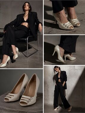 Marc Jacobs Cream Peep-Toe Heels with Button-Strap Detail